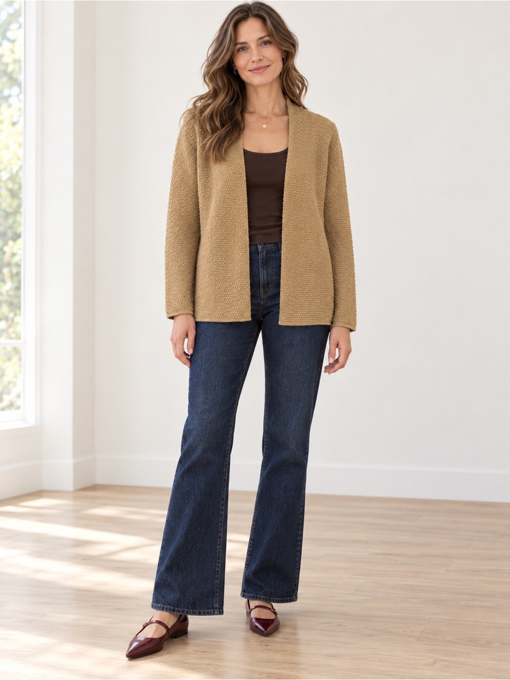 Eileen Fisher Petite Merino Wool Textured Open Front Cardigan Camel PS Preppy